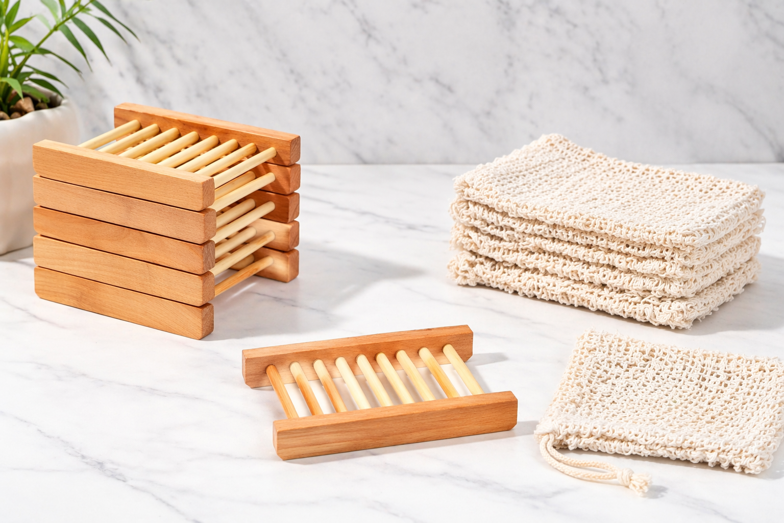 Natural Sisal Exfoliating Bag with Bamboo Wood Soap Tray